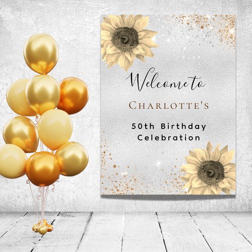 Birthday sunflowers silver gold glitter welcome poster