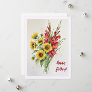 Birthday sunflowers watercolour floral red glads holiday card