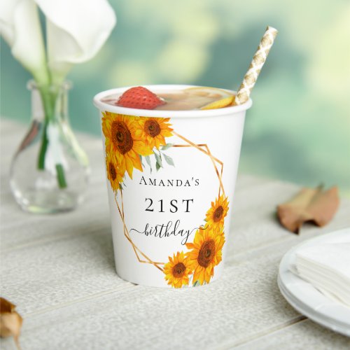 Birthday sunflowers white gold geometric name  paper cups