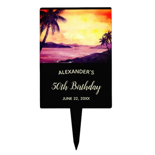 Birthday Sunset in Tropics Watercolor Cake Topper