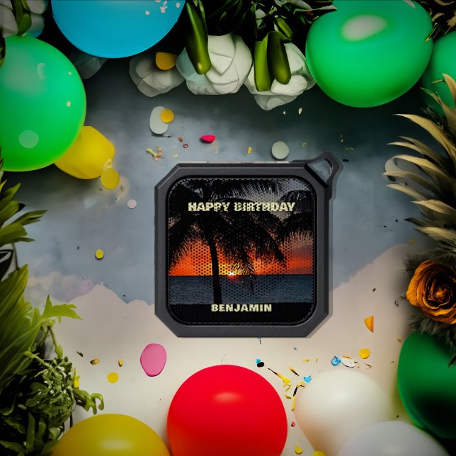 Birthday Sunset Tropical Palms Photo Personalize Bluetooth Speaker (Happy Birthday Sunset Tropical Palms Ocean Photo Bluetooth Speaker)