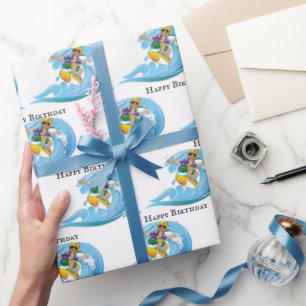 Birthday Surfer on Blue Wave Wrapping Paper