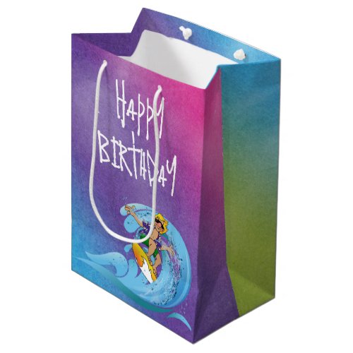 Birthday Surfer on Rainbow Wave Medium Gift Bag