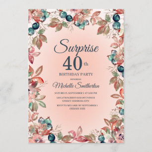 Birthday Surprise 40th Women Pink Teal Floral Invitation