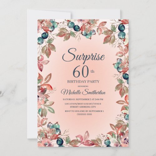 Birthday Surprise 60th Women Pink Teal Floral Invitation