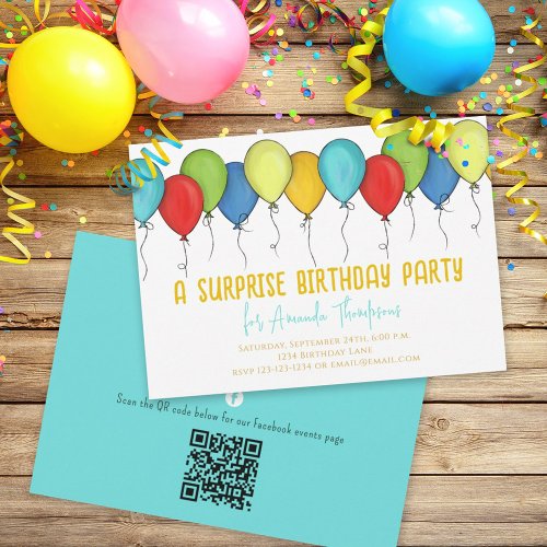 Birthday Surprise Party Balloons QR Code Facebook Invitation