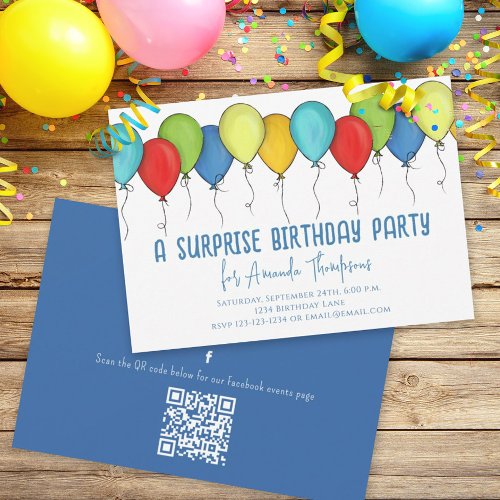 Birthday Surprise Party Balloons QR Code Facebook Invitation