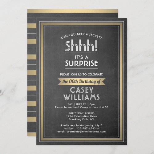 Birthday Surprise Party Black Chalkboard and Gold Invitation