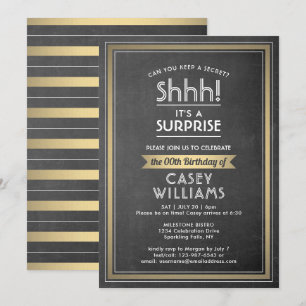 Birthday Surprise Party Black Chalkboard and Gold Invitation