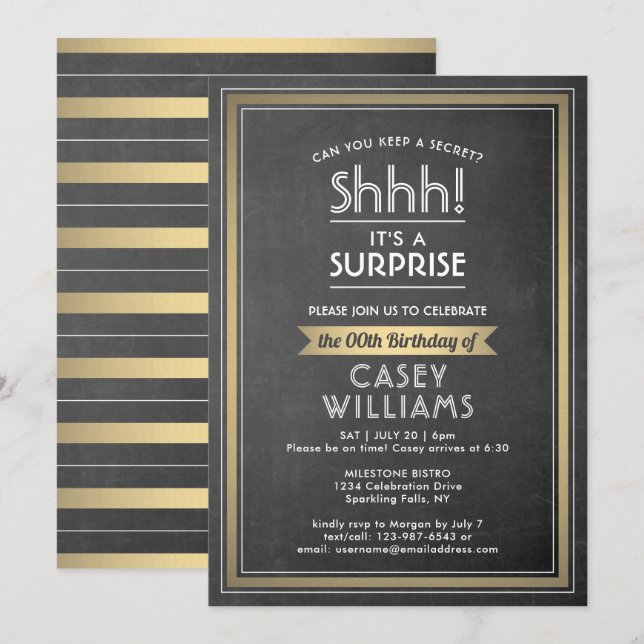 Birthday Surprise Party Black Chalkboard and Gold Invitation (Front/Back)