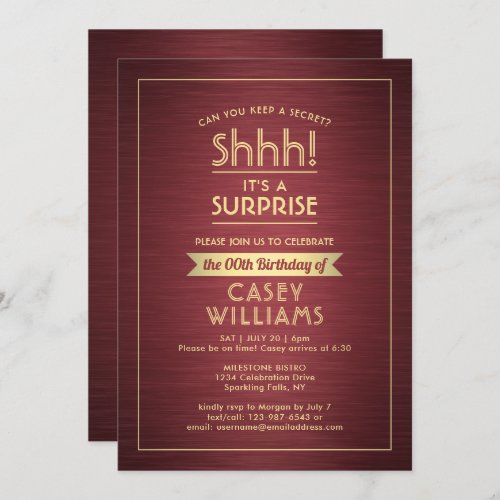 Birthday Surprise Party Brushed Burgundy and Gold Invitation