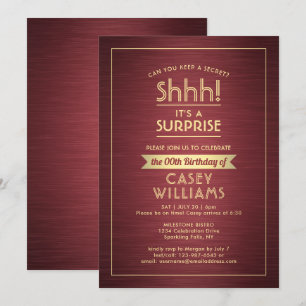 Birthday Surprise Party Brushed Burgundy and Gold Invitation