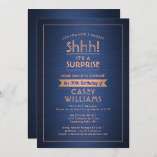 Birthday Surprise Party Brushed Navy Blue & Copper Invitation