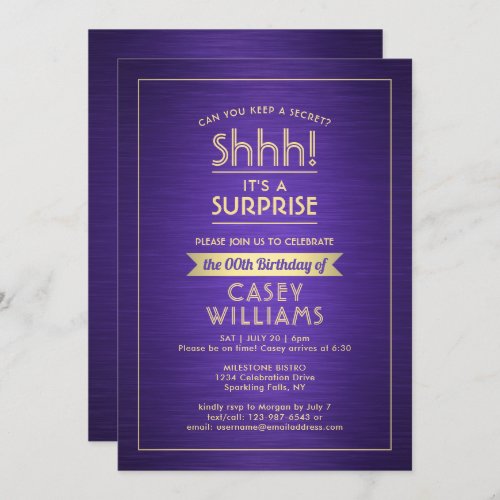 Birthday Surprise Party Brushed Purple and Gold Invitation