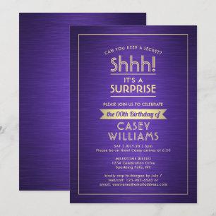 Birthday Surprise Party Brushed Purple and Gold Invitation