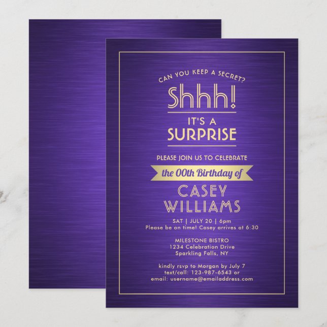Birthday Surprise Party Brushed Purple and Gold Invitation (Front/Back)