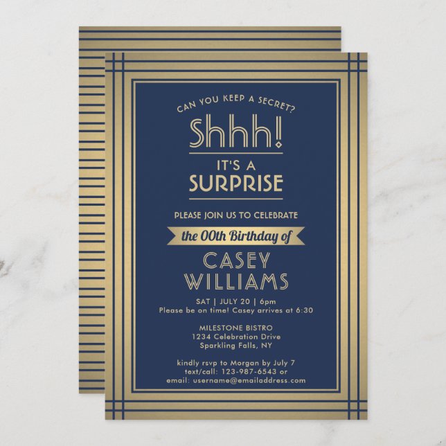 Birthday Surprise Party Elegant Navy Blue and Gold Invitation (Front/Back)