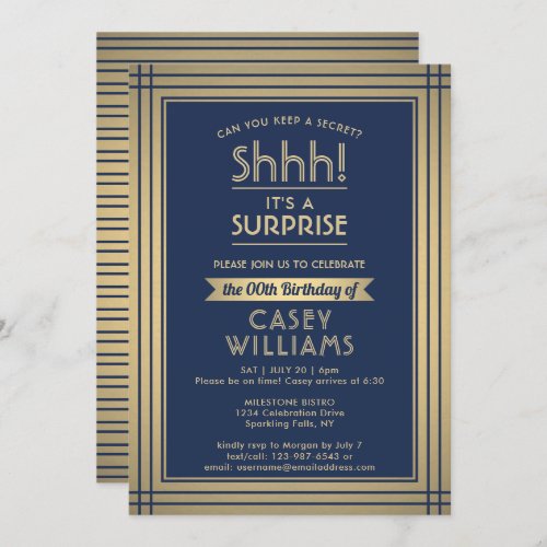 Birthday Surprise Party Elegant Navy Blue and Gold Invitation