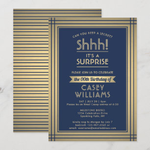 Birthday Surprise Party Elegant Navy Blue and Gold Invitation