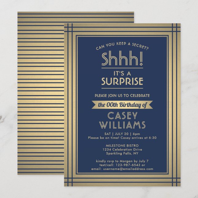 Birthday Surprise Party Elegant Navy Blue and Gold Invitation (Front/Back)