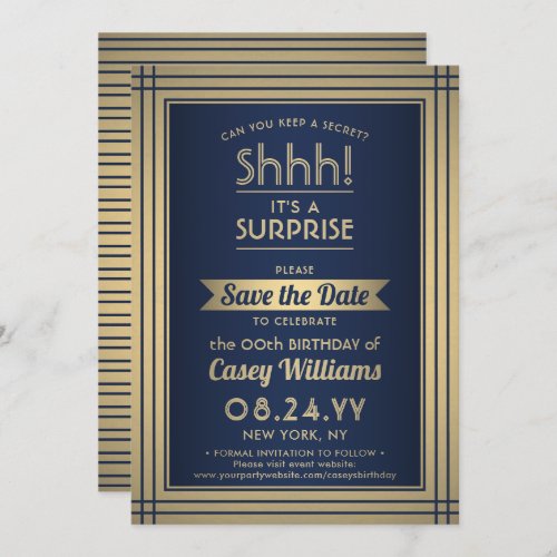 Birthday Surprise Party Elegant Navy Blue and Gold Save The Date