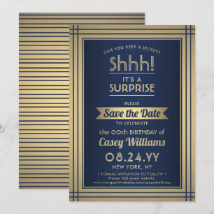Birthday Surprise Party Elegant Navy Blue and Gold Save The Date