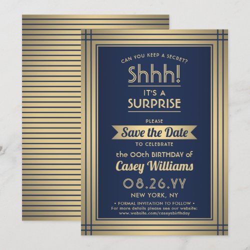 Birthday Surprise Party Elegant Navy Blue and Gold Save The Date