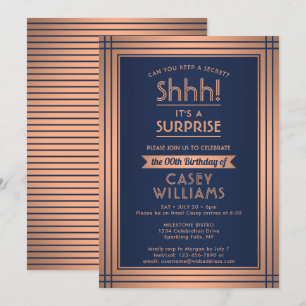 Birthday Surprise Party Elegant Navy Blue & Copper Invitation