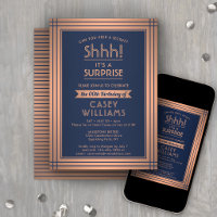 Birthday Surprise Party Elegant Navy Blue & Copper
