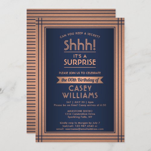 Birthday Surprise Party Elegant Navy Blue  Copper Invitation