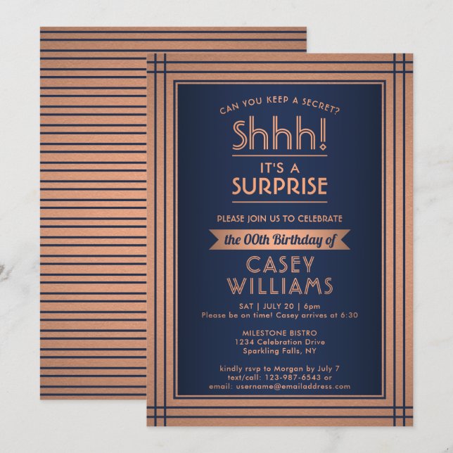 Birthday Surprise Party Elegant Navy Blue & Copper Invitation (Front/Back)