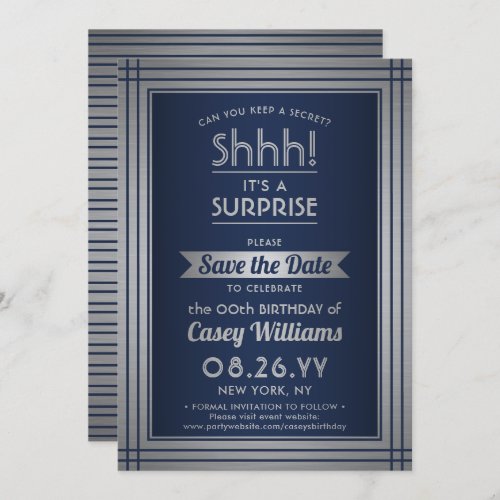 Birthday Surprise Party Elegant Navy Blue  Silver Save The Date