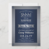 Birthday Surprise Party Elegant Navy Blue & Silver Save The Date (Front)