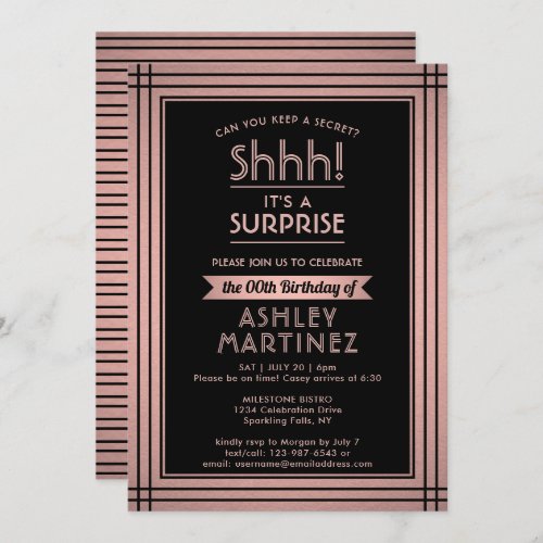 Birthday Surprise Party Elegant Rose Gold  Black Invitation