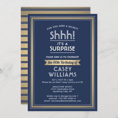 Birthday Surprise Party Navy Blue White and Gold Invitation