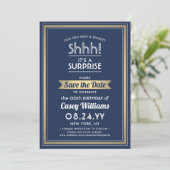Birthday Surprise Party Navy Blue, White and Gold Save The Date (Standing Front)