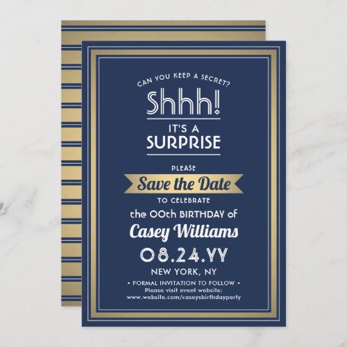 Birthday Surprise Party Navy Blue White and Gold Save The Date