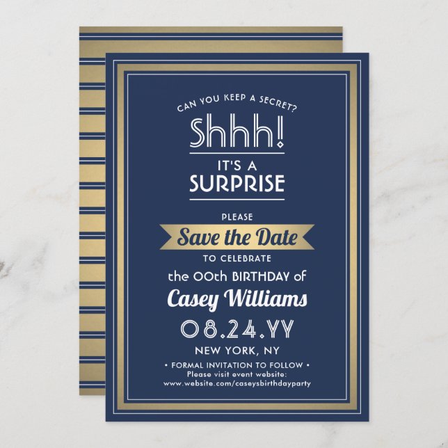 Birthday Surprise Party Navy Blue, White and Gold Save The Date (Front/Back)