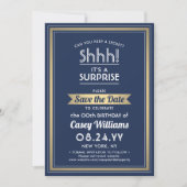 Birthday Surprise Party Navy Blue, White and Gold Save The Date (Front)