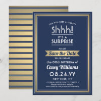 Birthday Surprise Party Navy Blue, White and Gold