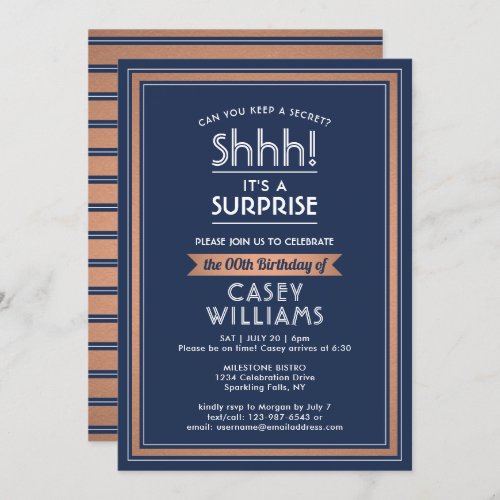 Birthday Surprise Party Navy Blue White  Copper Invitation