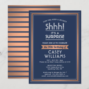 Birthday Surprise Party Navy Blue, White & Copper Invitation