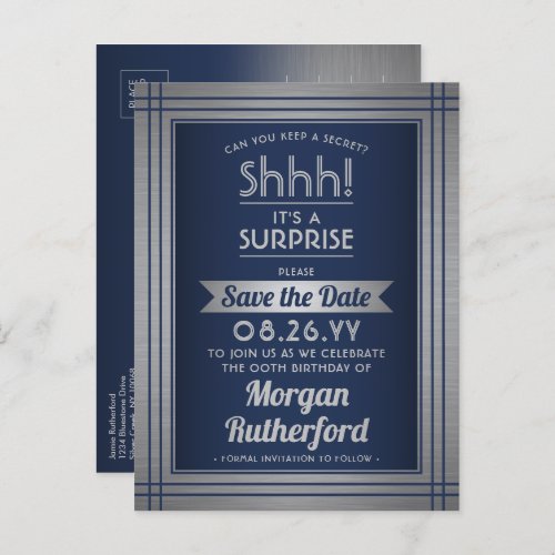 Birthday Surprise Party Navy Silver Save the Date Announcement Postcard