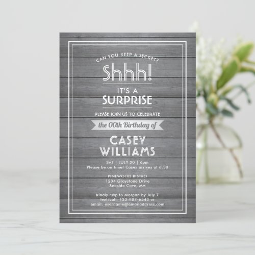 Birthday Surprise Party Rustic Wood Gray and White Invitation