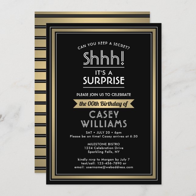 Birthday Surprise Party Shhh! Black, White & Gold Invitation (Front/Back)