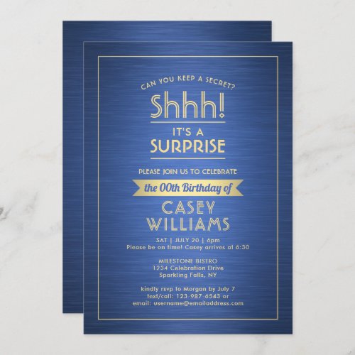 Birthday Surprise Party Shhh Brushed Blue  Gold Invitation