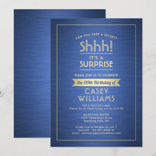 Birthday Surprise Party Shhh! Brushed Blue & Gold Invitation (Front/Back)