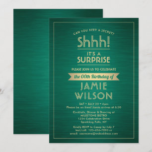 Birthday Surprise Party Shhh! Brushed Green & Gold Invitation