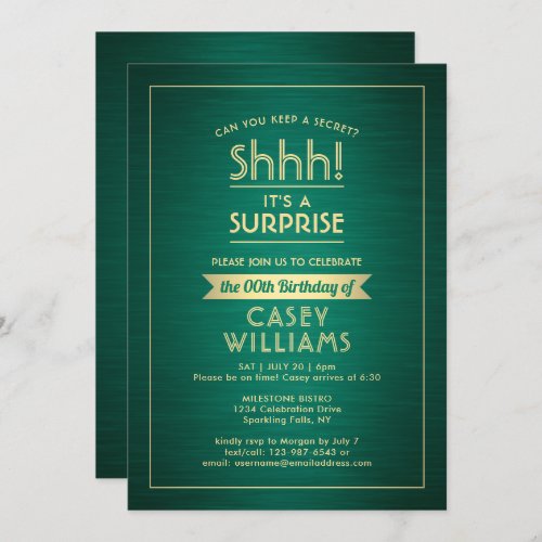 Birthday Surprise Party Shhh Brushed Green  Gold Invitation