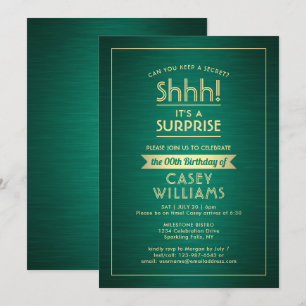 Birthday Surprise Party Shhh! Brushed Green & Gold Invitation